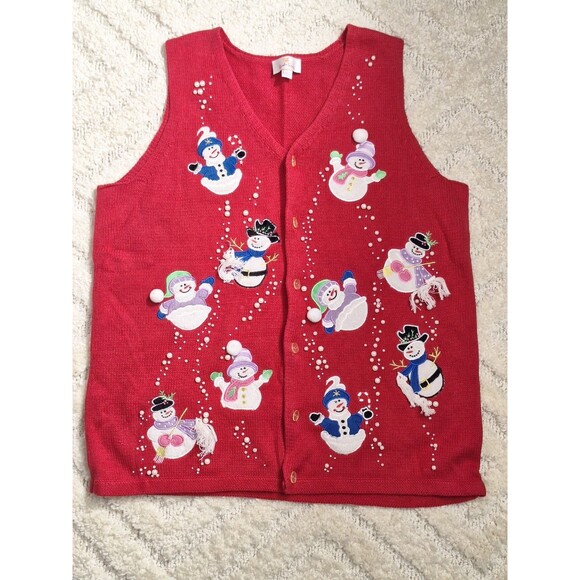 QUACKER FACTORY Red Christmas Cardigan Vest Sz Large Snowman Playing Beaded - Picture 1 of 7